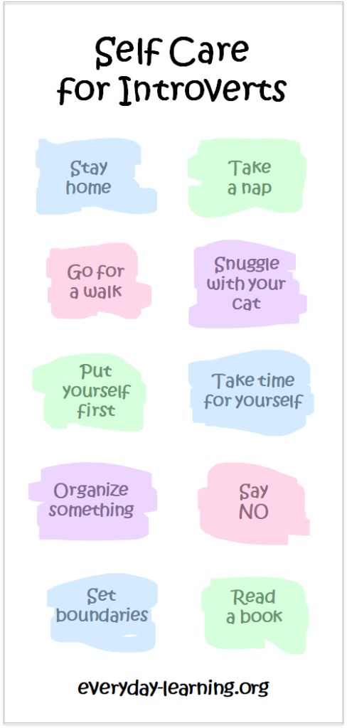 Self care for introverts idea chart: Stay home, take a nap, go for a walk, snuggle with your cat, put yourself first, take time for yourself, organize something, say no, set boundaries, read a book